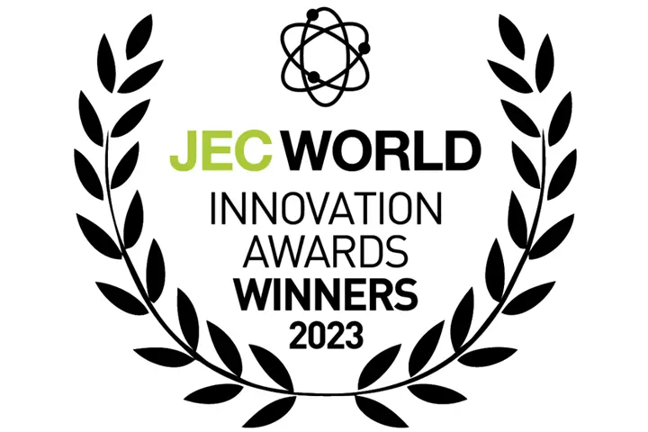 A black and white logo with the words jec world innovation awards winners 2 0 2 3.