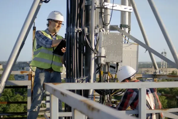 A man in yellow vest and hard hat on top of a tower.